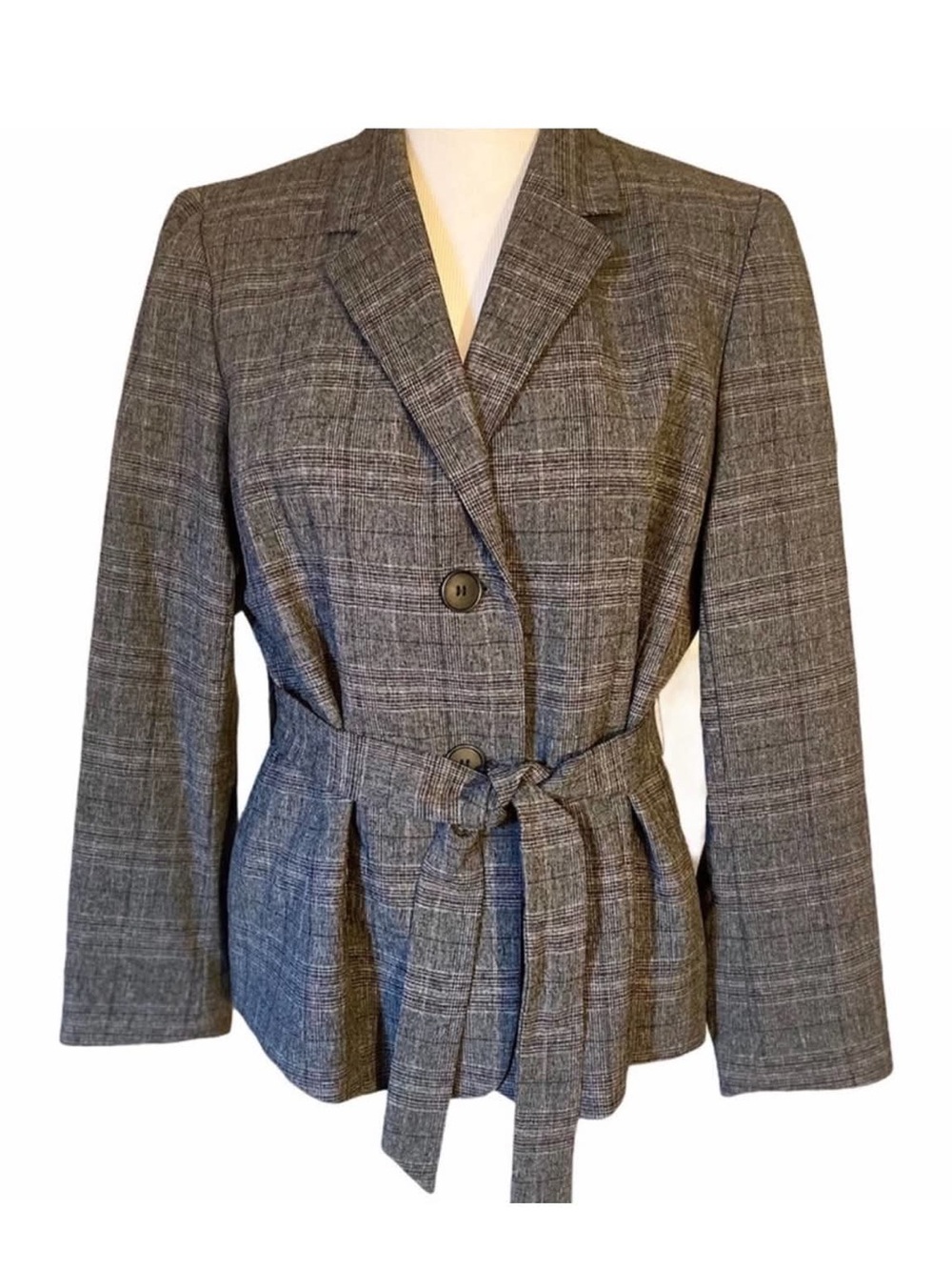 Evan Picone Gray Plaid Belted Blazer Jacket